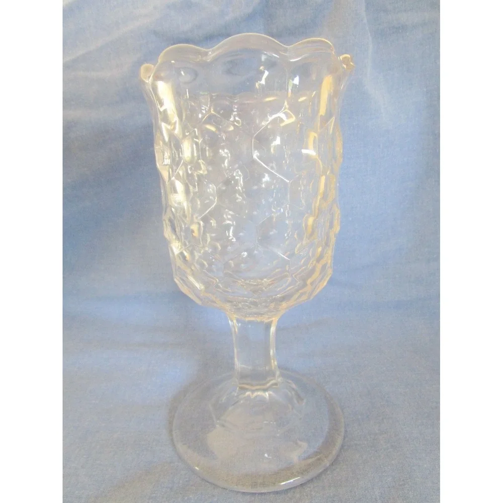 Vintage Celery Glass Spooner Vase Pedestal Base Hexagon Design Heavy 7.25